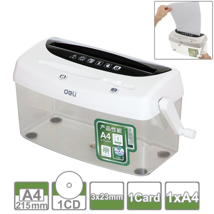 Deli Office Series Hand - cranked A4 / CD / Card Desktop Paper Shredder, Waste - bin Volume: 4L (No. 9935)(White) - British D'sire