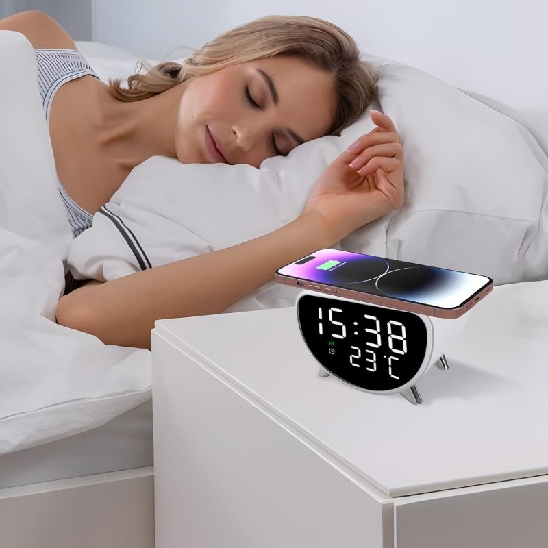 Desk Clock with Wireless Charging - Desk LED Alarm Clock with Temperature Meter | 15W Fast Wireless Charger Station, Sleep Timer for Bedroom, Desk Secondary image