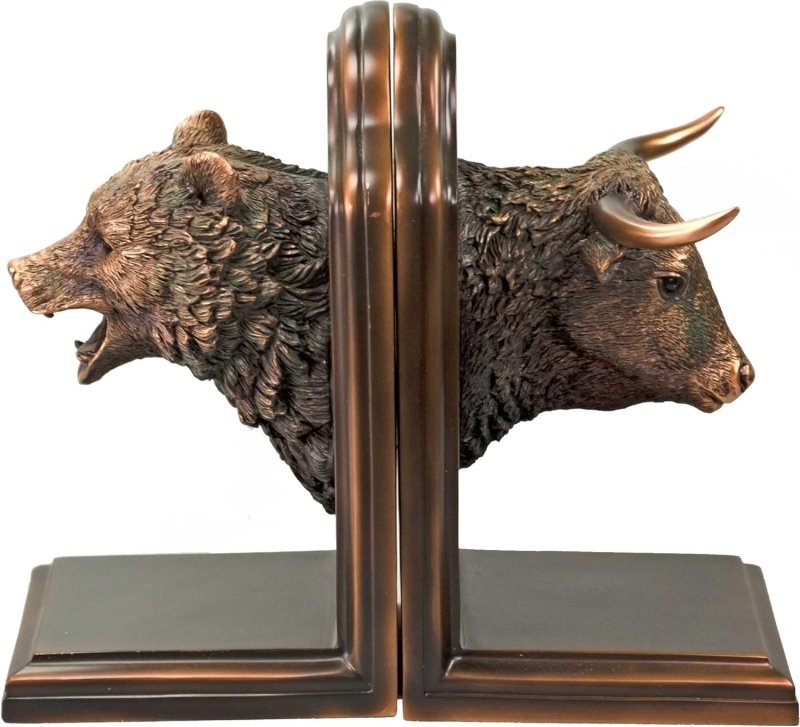 Desktopstatue Bronze Plated Resin Sculptures Bear & Bull Head Bookends 9" w X 8" h NEW - Home Decor - British D'sire Main image