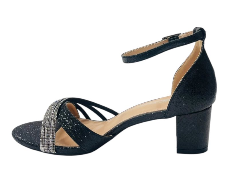 Diamante Ankle Strap Glitter Block Heel Shoes - Heels - British D'sire