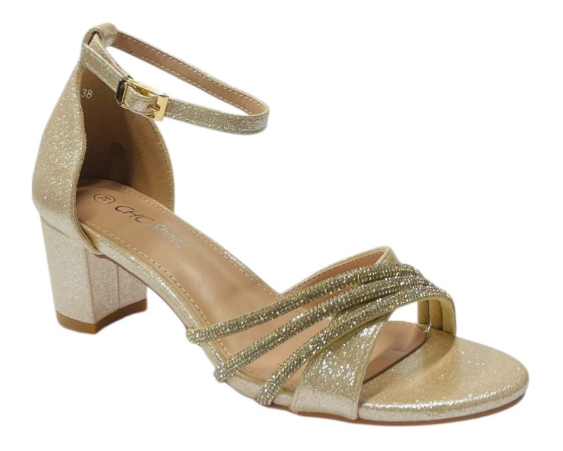 Diamante Ankle Strap Glitter Block Heel Shoes - Heels - British D'sire