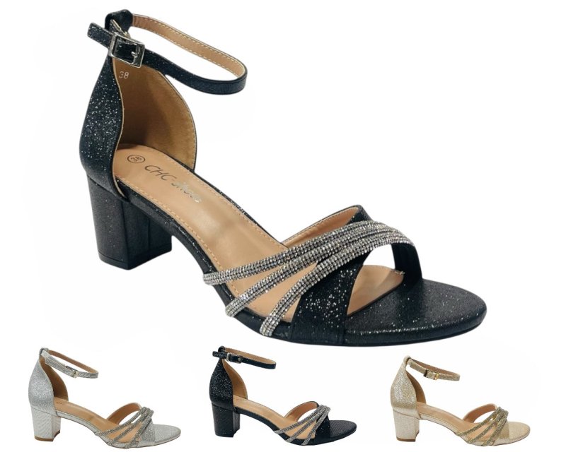 Diamante Ankle Strap Glitter Block Heel Shoes - Heels - British D'sire Main image