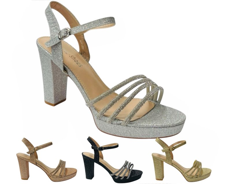 Diamante Block Heel Glitter Ankle Strap Shoes - Heels - British D'sire Main image