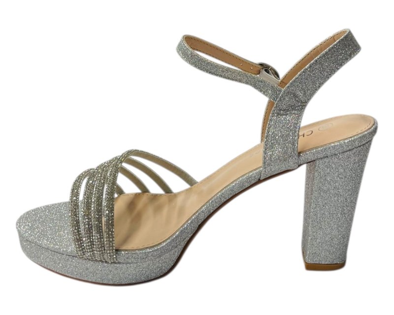 Diamante Block Heel Glitter Ankle Strap Shoes - Heels - British D'sire