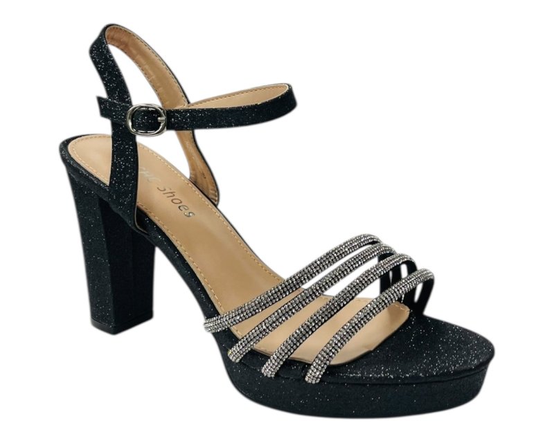 Diamante Block Heel Glitter Ankle Strap Shoes - Heels - British D'sire