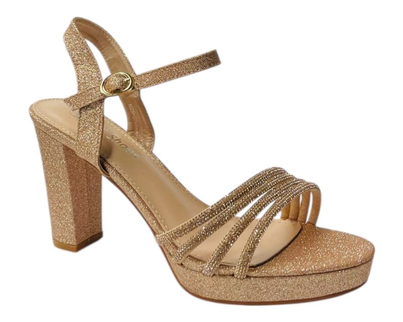 Diamante Block Heel Glitter Ankle Strap Shoes - Heels - British D'sire