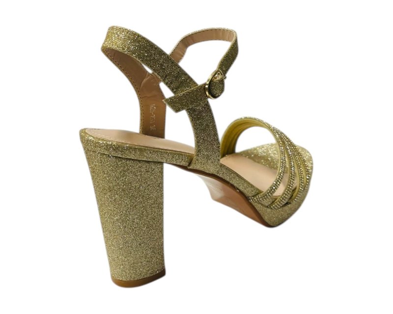 Diamante Block Heel Glitter Ankle Strap Shoes - Heels - British D'sire