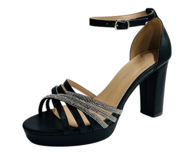 Diamante Block Heel Glitter Cross Strap Shoes - Heels - British D'sire