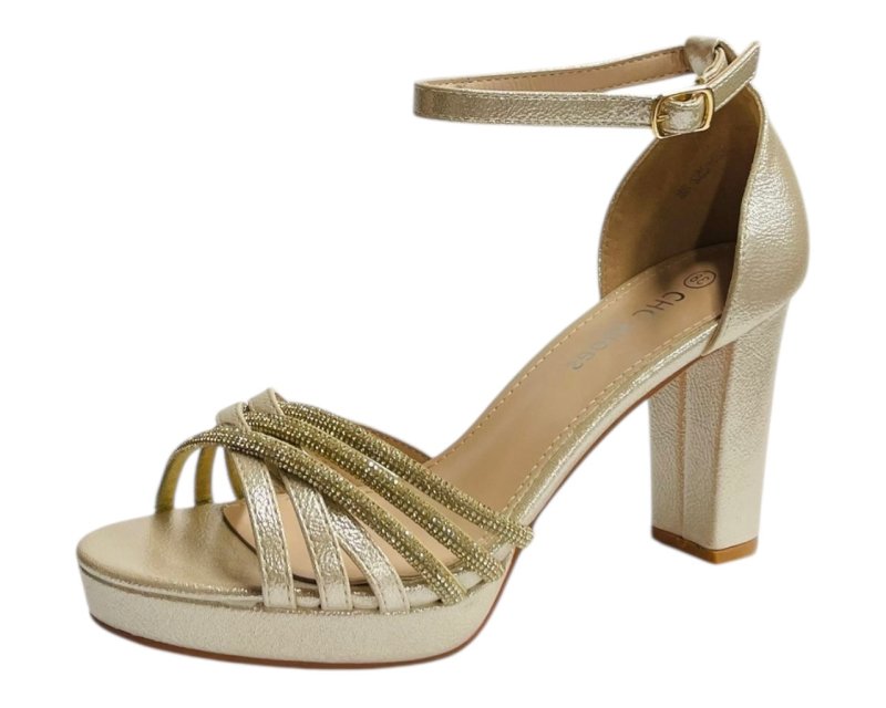 Diamante Block Heel Glitter Cross Strap Shoes - Heels - British D'sire