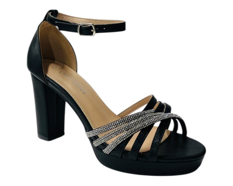 Diamante Block Heel Glitter Cross Strap Shoes - Heels - British D'sire