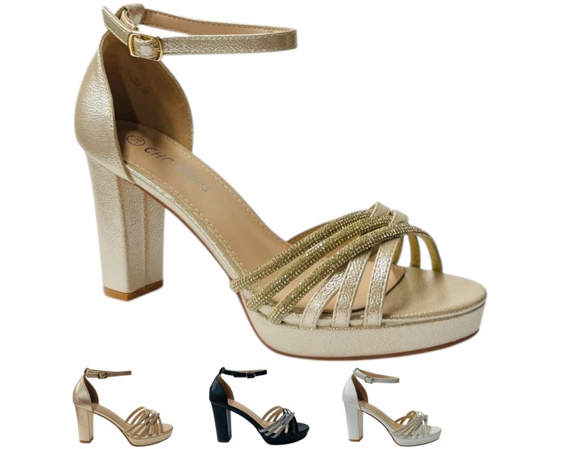 Diamante Block Heel Glitter Cross Strap Shoes - Heels - British D'sire Main image