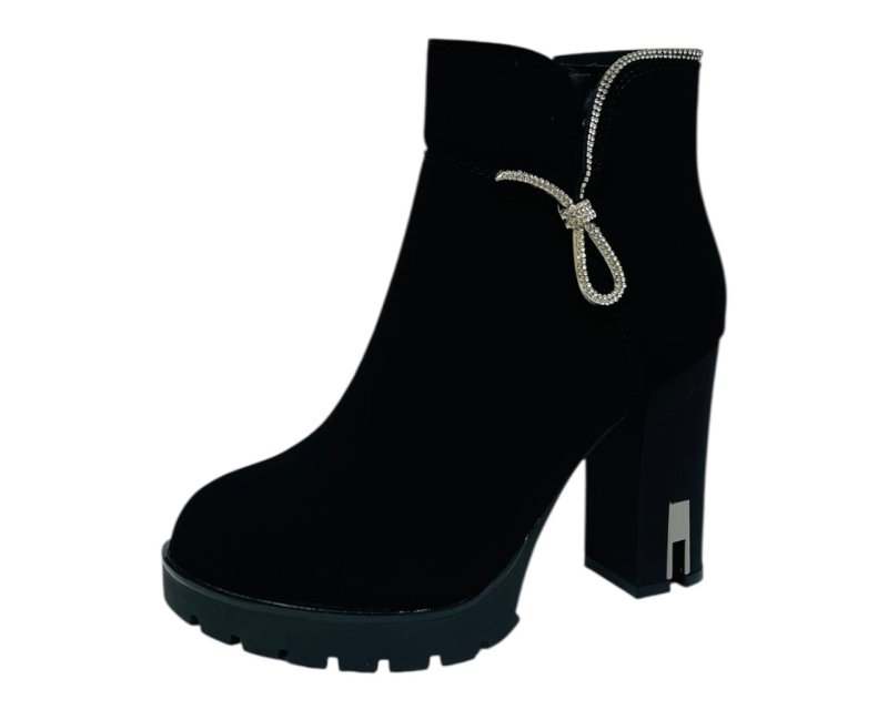 Diamante Faux Suede Block Heel Zip Ankle Boots - Boots - British D'sire