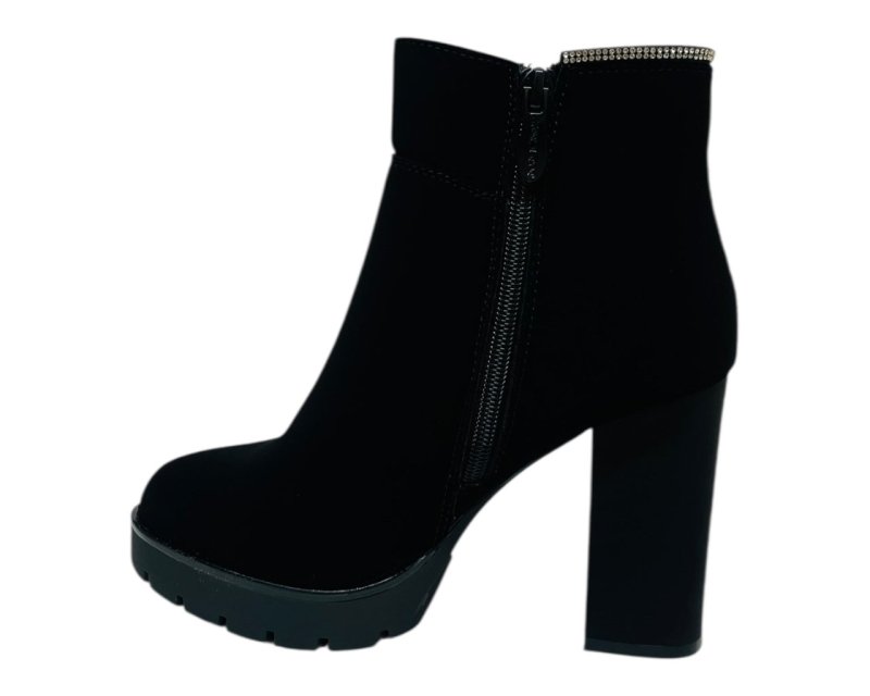 Diamante Faux Suede Block Heel Zip Ankle Boots - Boots - British D'sire