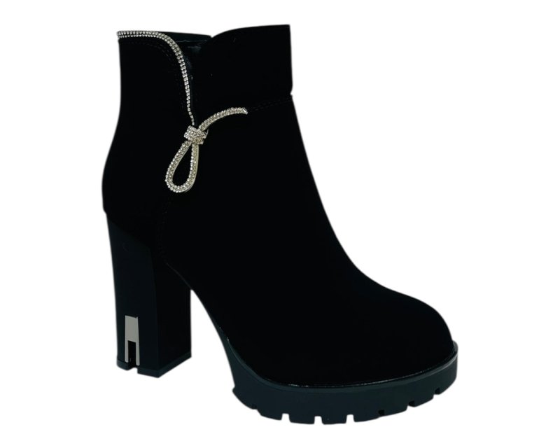 Diamante Faux Suede Block Heel Zip Ankle Boots - Boots - British D'sire