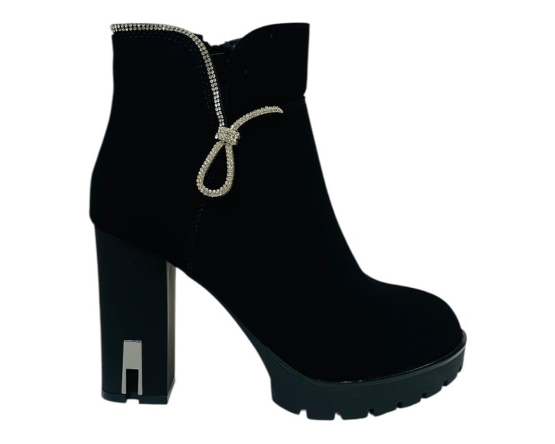 Diamante Faux Suede Block Heel Zip Ankle Boots - Boots - British D'sire