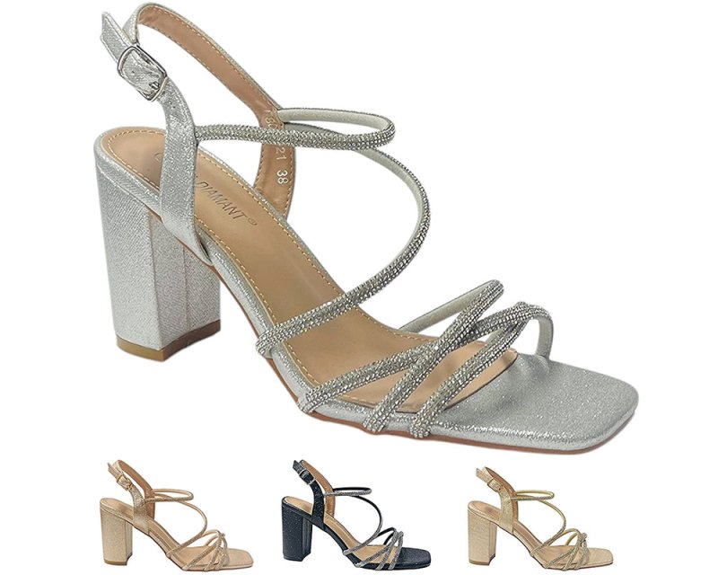 Diamante Glitter Ankle Strap Block Heel Shoes - Heels - British D'sire