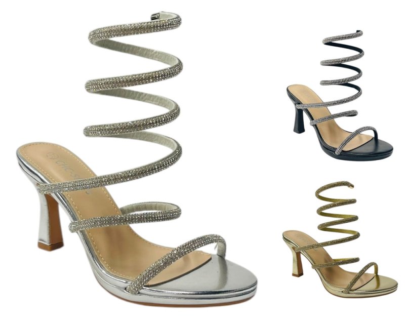 Diamante Snake Anklet Round Toe Sandals - Heels - British D'sire Main image
