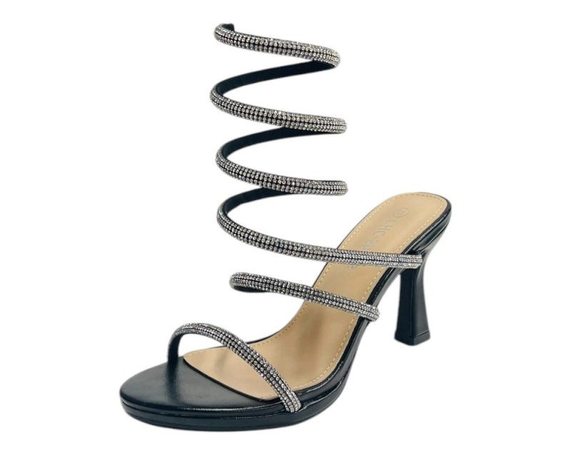 Diamante Snake Anklet Round Toe Sandals - Heels - British D'sire