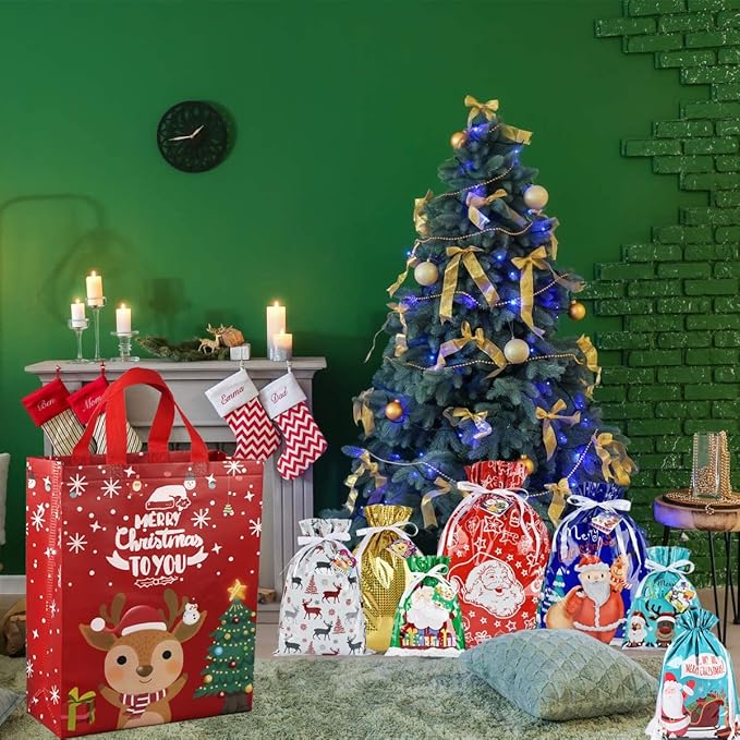 DOJoykey Christmas Bags, 5pcs Red Christmas Tote Bags with Handle Non-woven Fabric Gift Bags Large Size for Xmas Gift Delivering Shopping Party Decoration Secondary image