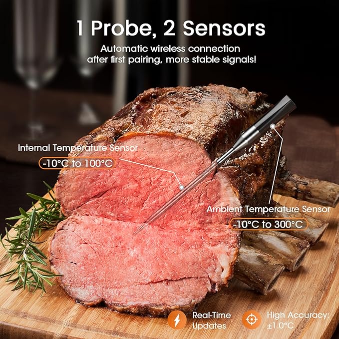 DOQAUS Wireless Meat Thermometer, 158m Rang Bluetooth Food Thermometer, Smart APP Control High Accuracy Cooking Thermometer Probe for Kitchen Air Fryers BBQ Oven - British D'sire