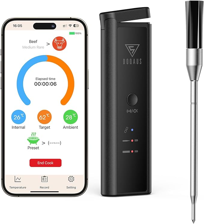 DOQAUS Wireless Meat Thermometer, 158m Rang Bluetooth Food Thermometer, Smart APP Control High Accuracy Cooking Thermometer Probe for Kitchen Air Fryers BBQ Oven - British D'sire Main image