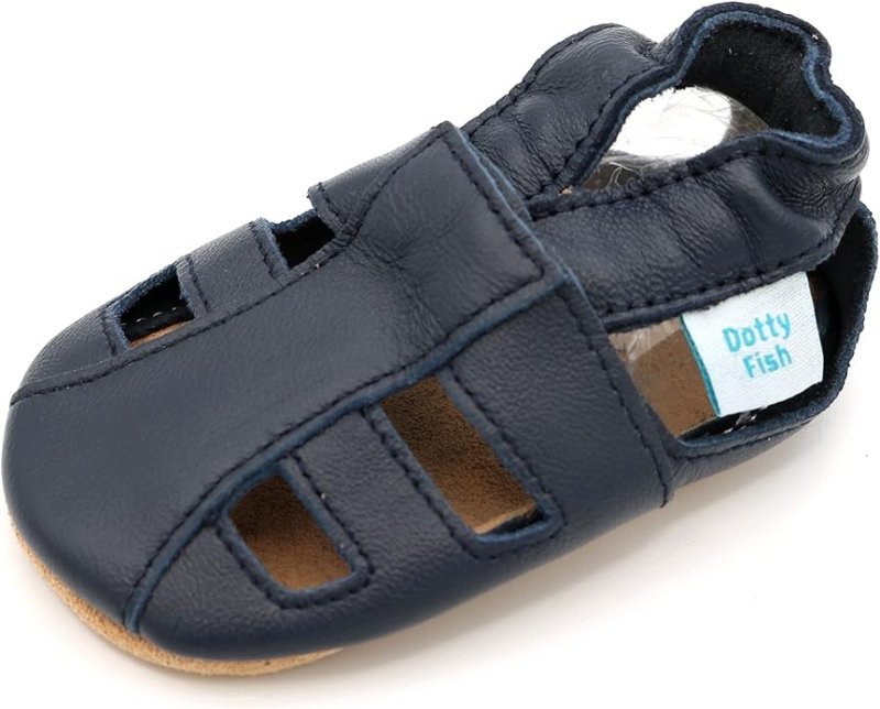 Dotty Fish Soft Leather Baby Shoes with Suede Soles. Toddler Sandals. Non - slip. Girls Boys. 0 - 6 Months to 18 - 24 Months - British D'sire