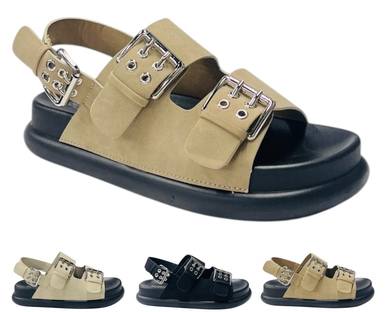 Double Buckle Strap Eyelet Detail Sandals - Sandals - British D'sire Main image