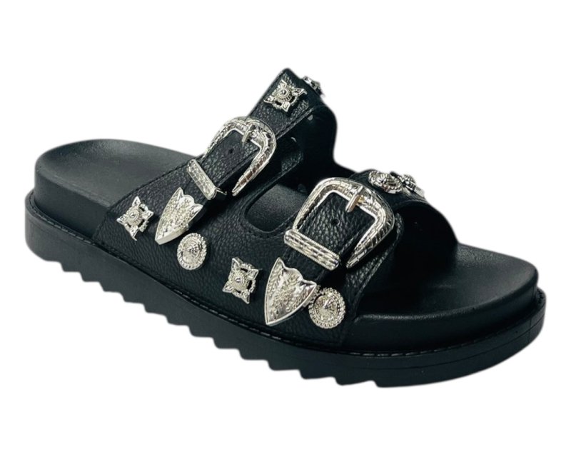 Double Strap Buckle Flat Sole Sandals - Slider - British D'sire