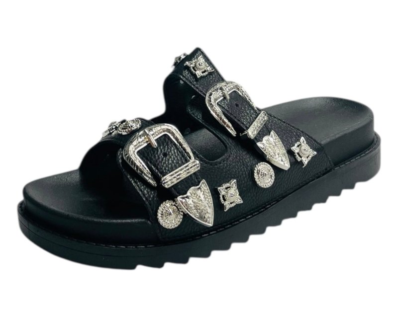 Double Strap Buckle Flat Sole Sandals - Slider - British D'sire