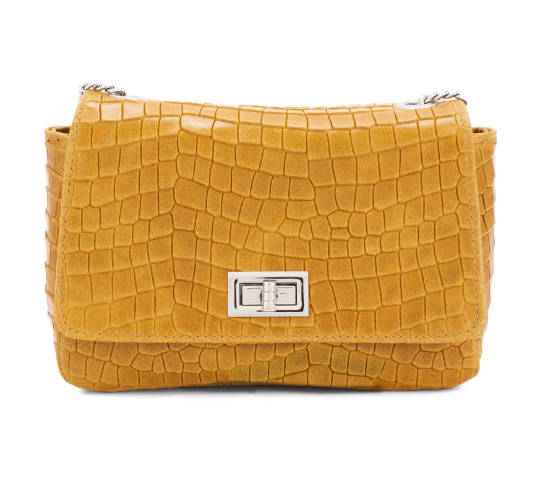 Italian Designer Soft Leather Leather Full Croc Print Crossbody with Twistlock - Swolit Anete Light Tan Main image