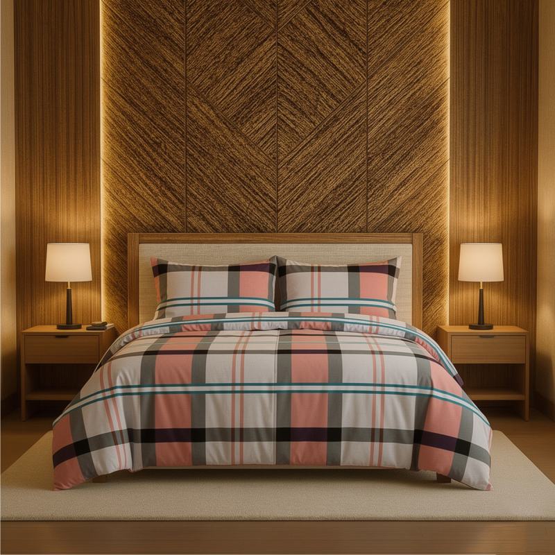 Duvet Cover And Pillowcase Set Green or Pink Tartan Check Design Polycotton Bed Linen - Pink - Super King - British D'sire