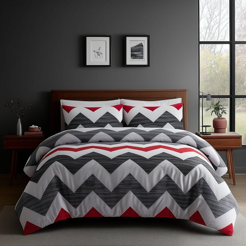 Duvet Cover And Pillowcase Set Grey And Red Zig Zag Reversible Print Design Polycotton Bed Linen - King - British D'sire