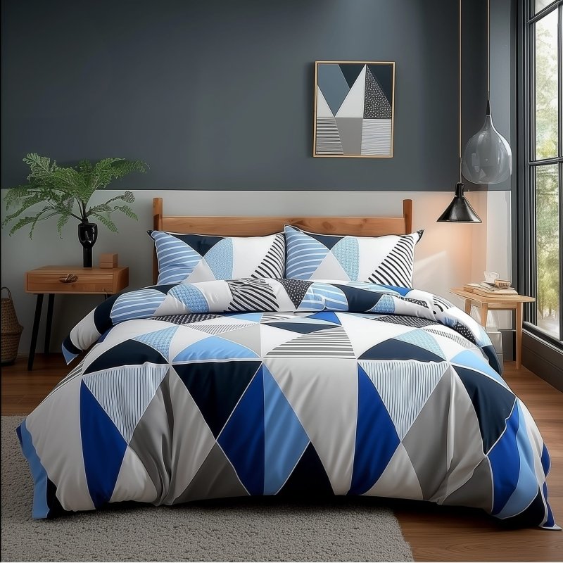 Duvet Cover And Pillowcase Set Multi Colour Triangle Design Polycotton Bed Linen - Single - British D'sire