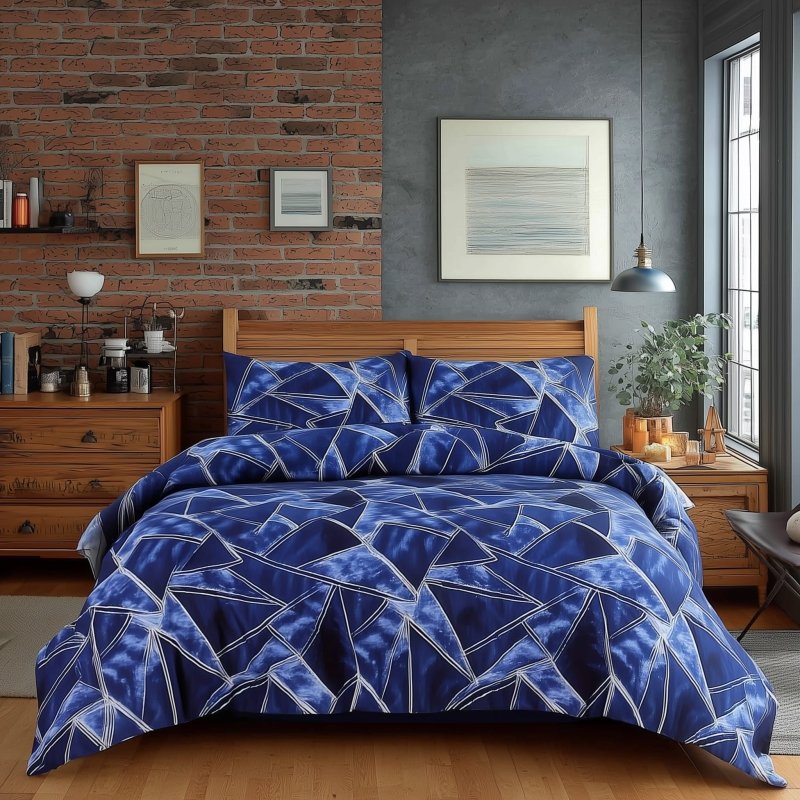 Duvet Cover And Pillowcase Set Navy Blue Triangle Print Design Polycotton Bed Linen - Single - British D'sire