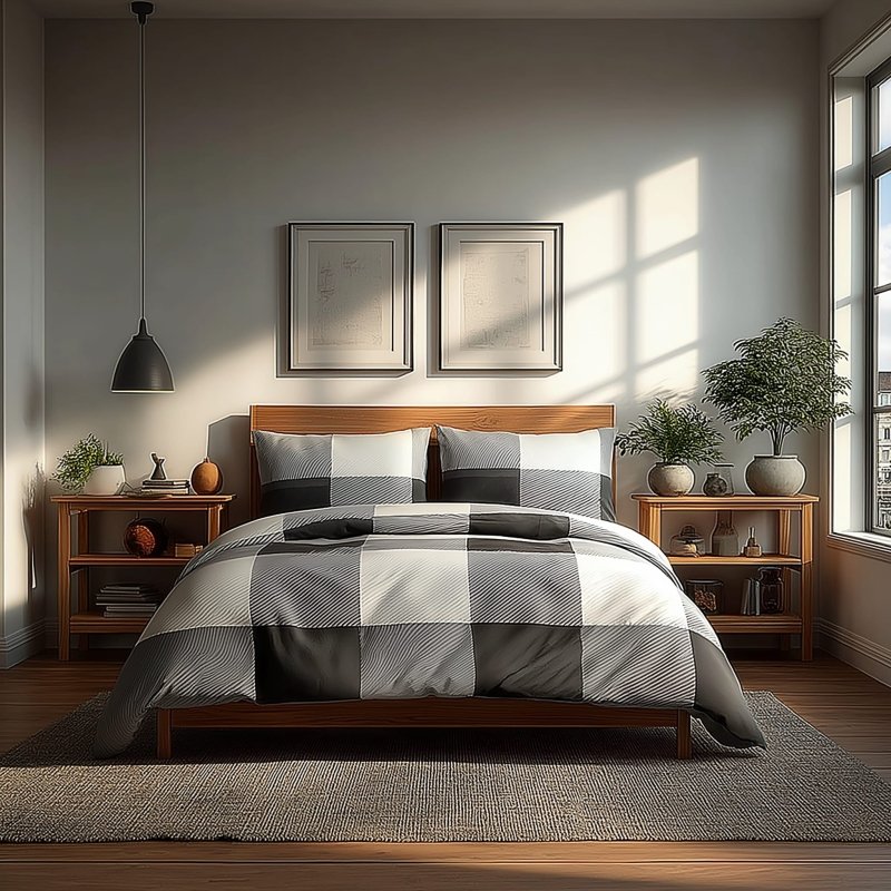 Duvet Cover And Pillowcase Set White Black Grey Tartan Check Design Polycotton Bed Linen - Super King - British D'sire
