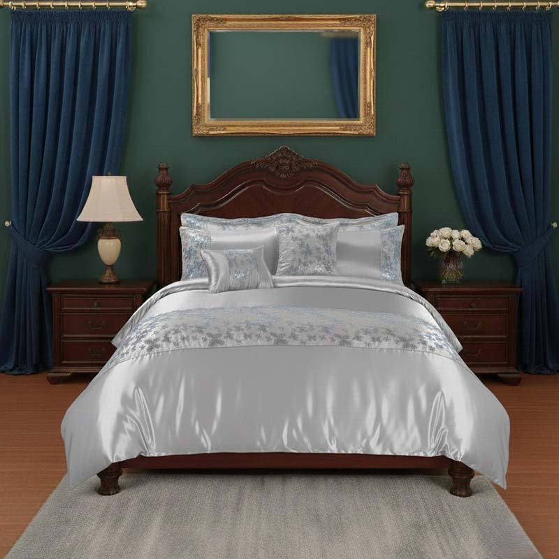 Duvet Cover Embroidery Set Luxury Bedding with Matching Pillowcases - Double - Silver - British D'sire