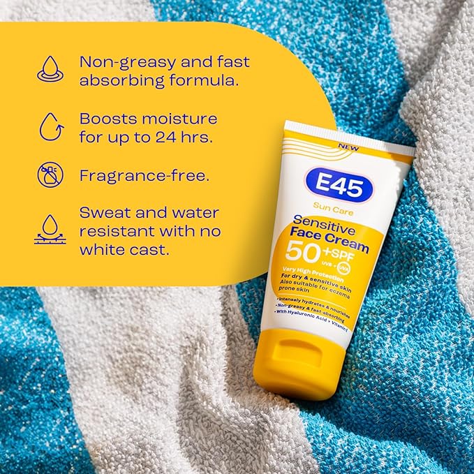 E45 SPF50+ Sensitive Sun Cream for Face with Hyaluronic Acid - UVA and UVB Protection - Fragrance-Free and Dermatologically Tested Sunscreen - Suitable For Dry, Sensitive and Eczema Prone Skin (50ml) - British D'sire