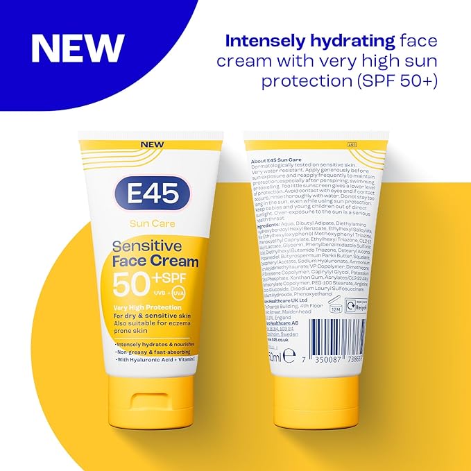 E45 SPF50+ Sensitive Sun Cream for Face with Hyaluronic Acid - UVA and UVB Protection - Fragrance-Free and Dermatologically Tested Sunscreen - Suitable For Dry, Sensitive and Eczema Prone Skin (50ml) - British D'sire