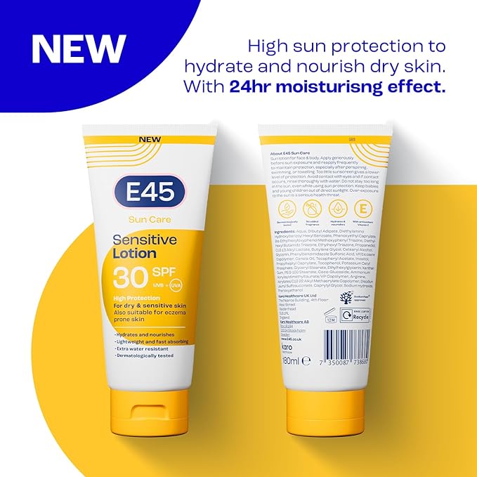 E45 Sun SPF30 Sensitive Sun Cream with Vitamin E - UVA and UVB Protection- Fragrance-Free and Dermatologically Tested Sun Lotion For Body - Suitable For Dry, Sensitive and Eczema Prone Skin (180ml) - British D'sire
