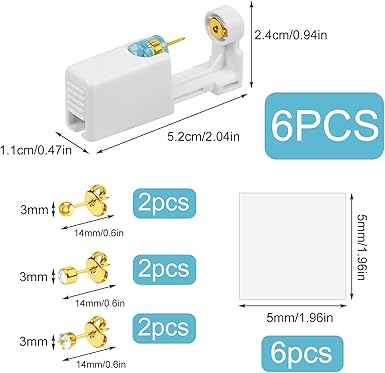 Ear Piercing Gun (6 Pieces), Painless Safety Ear Piercing Kit with Studs, Aseptic Earrings Disposable Gun, Ideal for Girls, Women and Men, White - Earnings - British D'sire