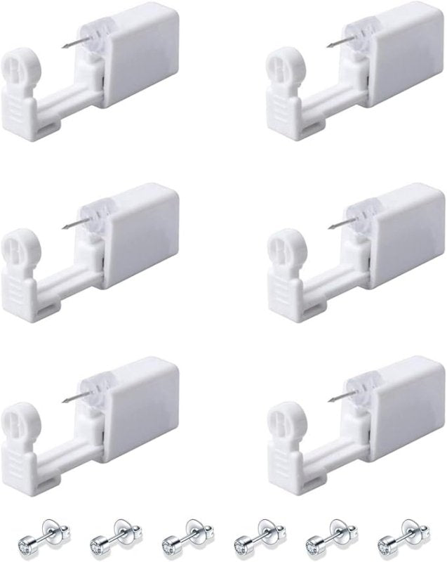 Ear Piercing Gun (6 Pieces), Painless Safety Ear Piercing Kit with Studs, Aseptic Earrings Disposable Gun, Ideal for Girls, Women and Men, White - Earnings - British D'sire Main image