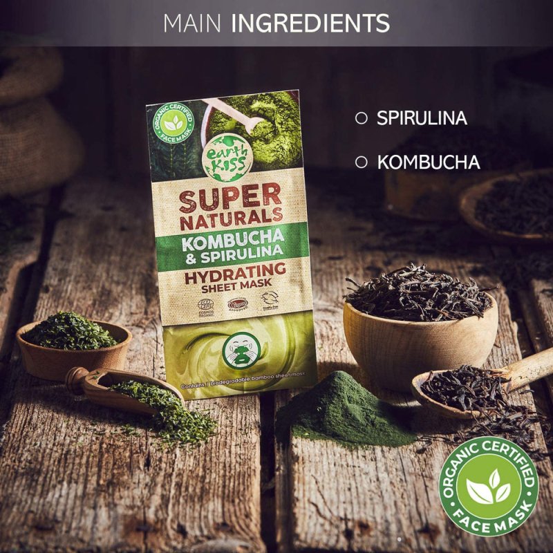 Earth Kiss Super Naturals Hydrating Kombucha and Spirulina Sheet Mask to Minimise the Appearance of Pores, Tone your Complexion and Hydrate Thirsty Skin - Sheet Mask - British D'sire