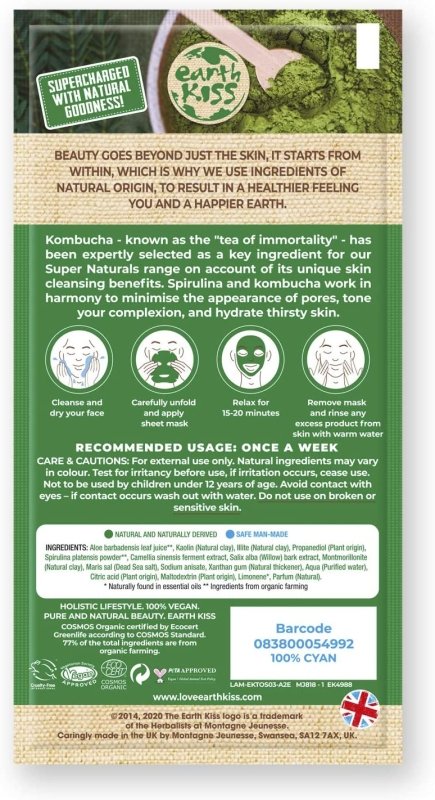 Earth Kiss Super Naturals Hydrating Kombucha and Spirulina Sheet Mask to Minimise the Appearance of Pores, Tone your Complexion and Hydrate Thirsty Skin Secondary image