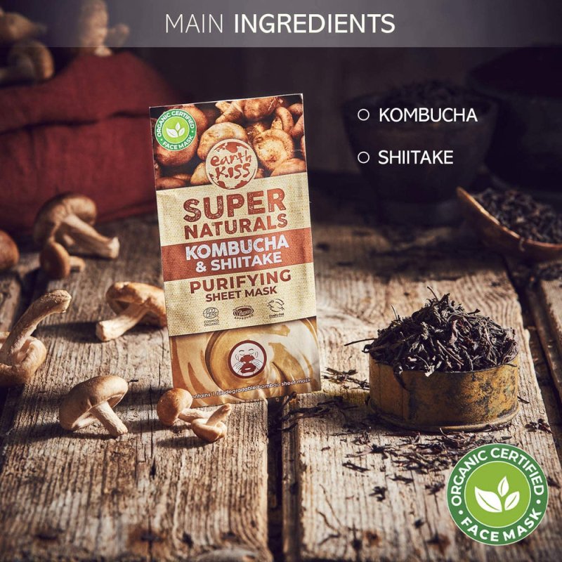 Earth Kiss Super Naturals Purifying Kombucha and Shiitake Sheet Mask to Protect the Elasticity of your Skin and Rejuvenate a Tired Looking Complexion - Sheet Mask - British D'sire