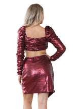 Elaina Fashion Women Burgundy Red Sequin Sparkle Bodycon Crop Top & Pencil Skirt Ladies 2 Piece Co - ord Set Party Club Evening Glitter Nightout Metallic Outfit - British D'sire
