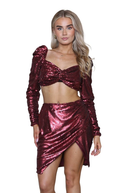 Elaina Fashion Women Burgundy Red Sequin Sparkle Bodycon Crop Top & Pencil Skirt Ladies 2 Piece Co - ord Set Party Club Evening Glitter Nightout Metallic Outfit - British D'sire