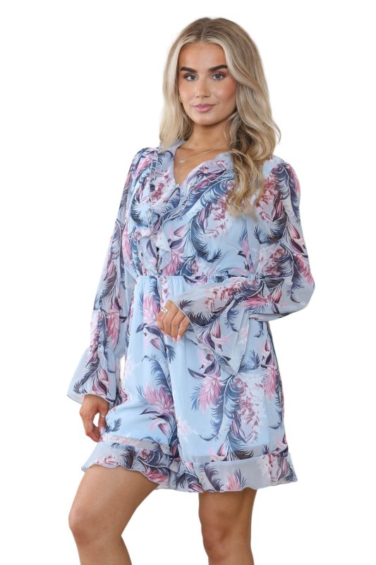 Elaina Fashion Women's Baby Blue V - Neck Floral Mini Swing Jumpsuit Playsuit - Casual Cute Ruffled Hem Long Puff Sleeve Summer Beach Romper Holiday - British D'sire