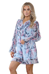 Elaina Fashion Women's Baby Blue V - Neck Floral Mini Swing Jumpsuit Playsuit - Casual Cute Ruffled Hem Long Puff Sleeve Summer Beach Romper Holiday - British D'sire