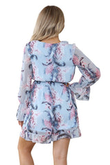 Elaina Fashion Women's Baby Blue V - Neck Floral Mini Swing Jumpsuit Playsuit - Casual Cute Ruffled Hem Long Puff Sleeve Summer Beach Romper Holiday - British D'sire