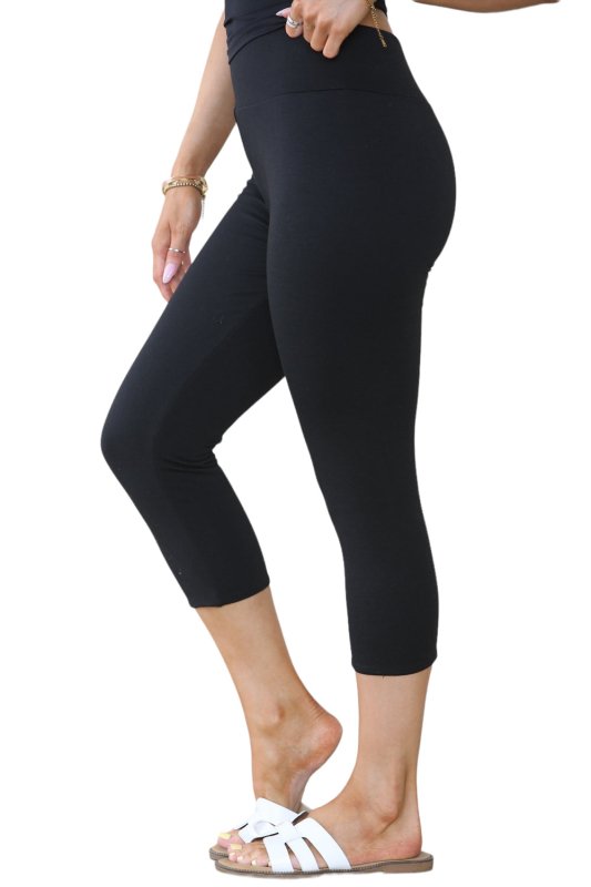 Elaina Fashion Women's Black High Waist Skinny Fit Stretch Cropped Capri Legging Elasticated Waist Casual Summer 3/4 Length Tights Yoga Gym Workout Activewear - Capri - British D'sire